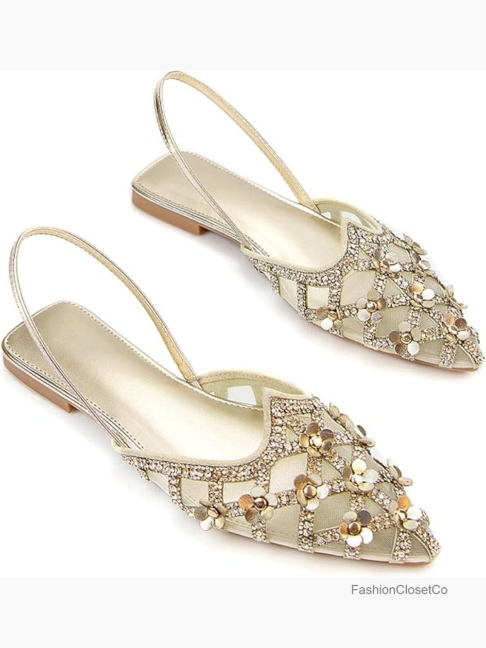 Gold Sequin Crystal Embellished Pointed Toe Slingback Flats